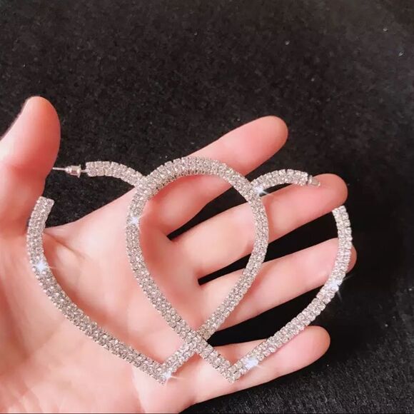 💎279💎 Big Heart Crystal Hoop Earrings Women's Geometric Rhinestone Earrings - Picture 4 of 16